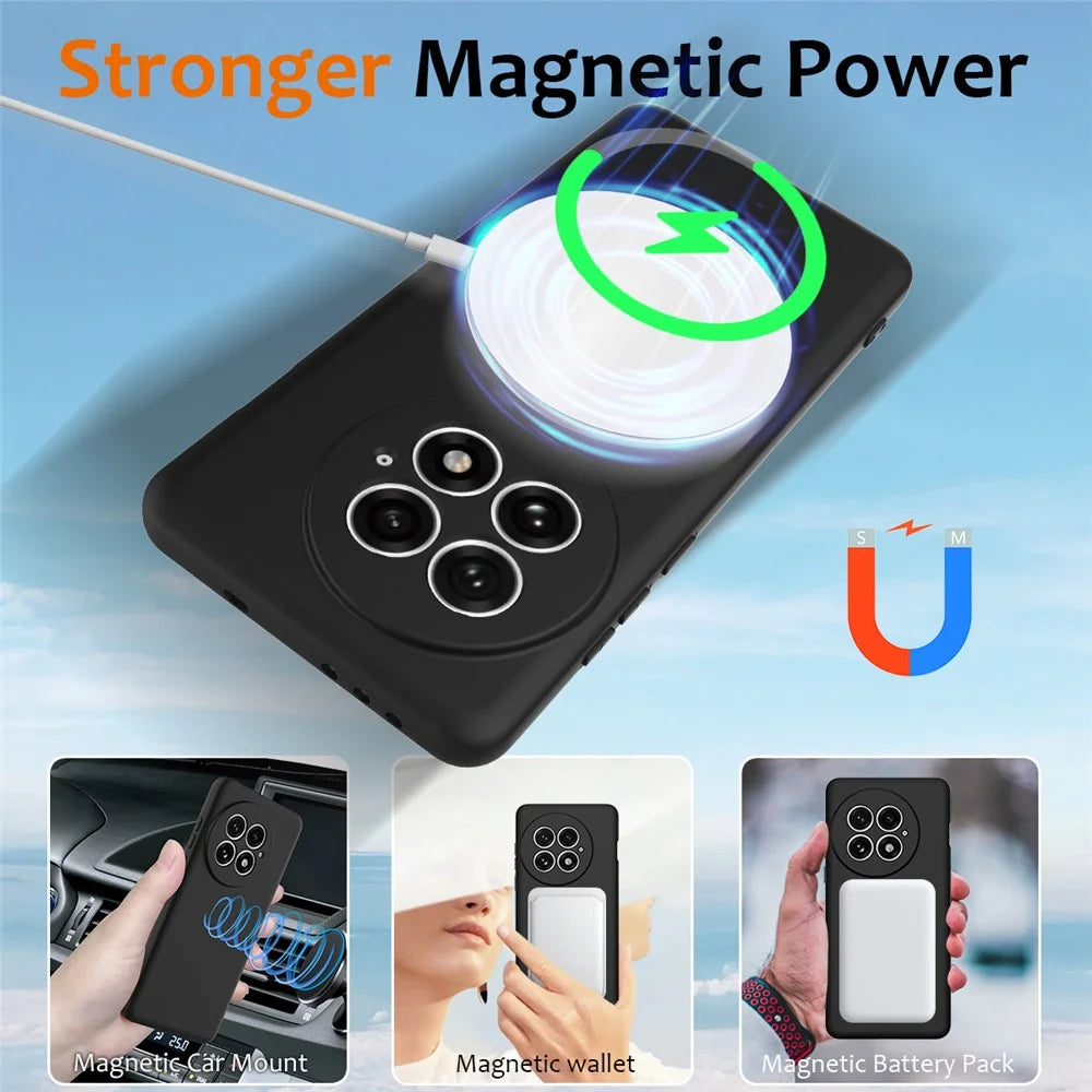 For OnePlus 13 Liquid Silicone Case with Strap Magnetic Case Phone Cover - Black - 4