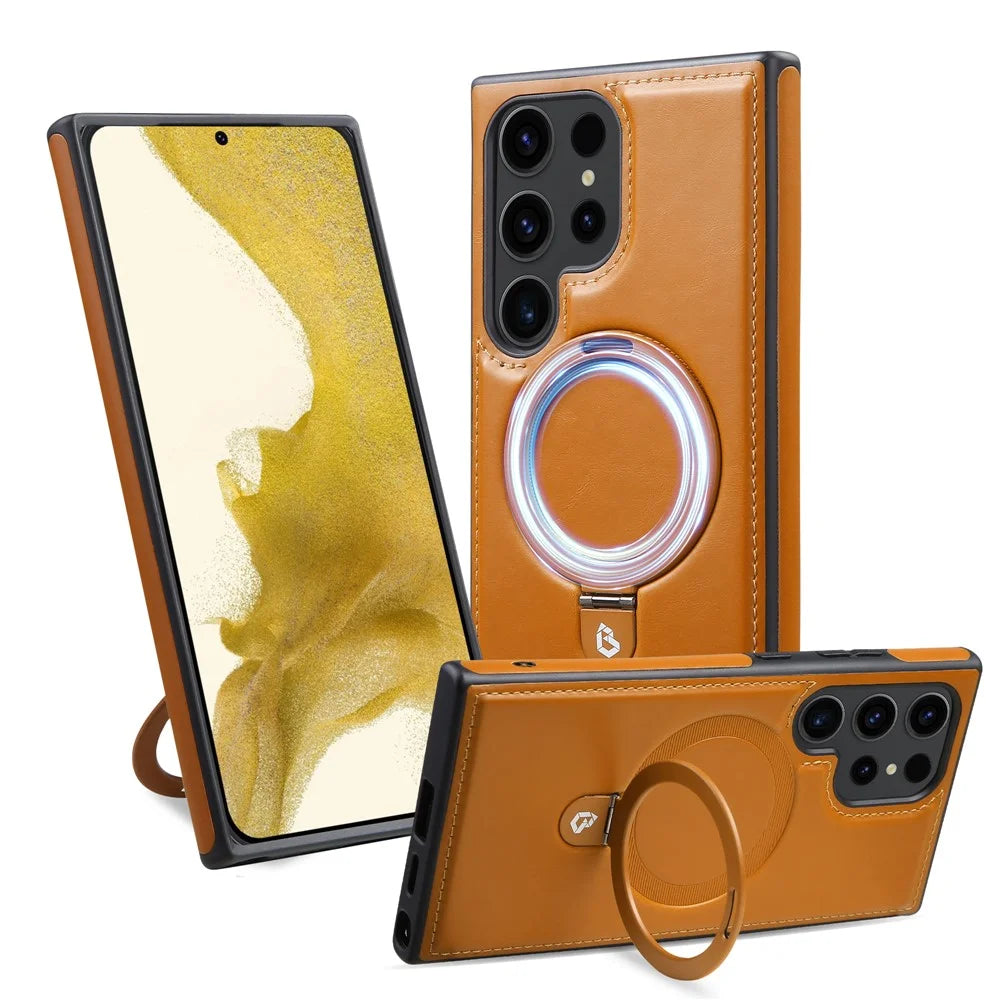 For Samsung Galaxy S25 Ultra Magnetic Case Kickstand TPU + PU Leather Anti Drop Phone Cover - Brown - 1