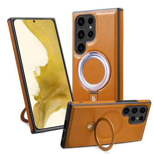 For Samsung Galaxy S25 Ultra Magnetic Case Kickstand TPU + PU Leather Anti Drop Phone Cover - Brown - 1