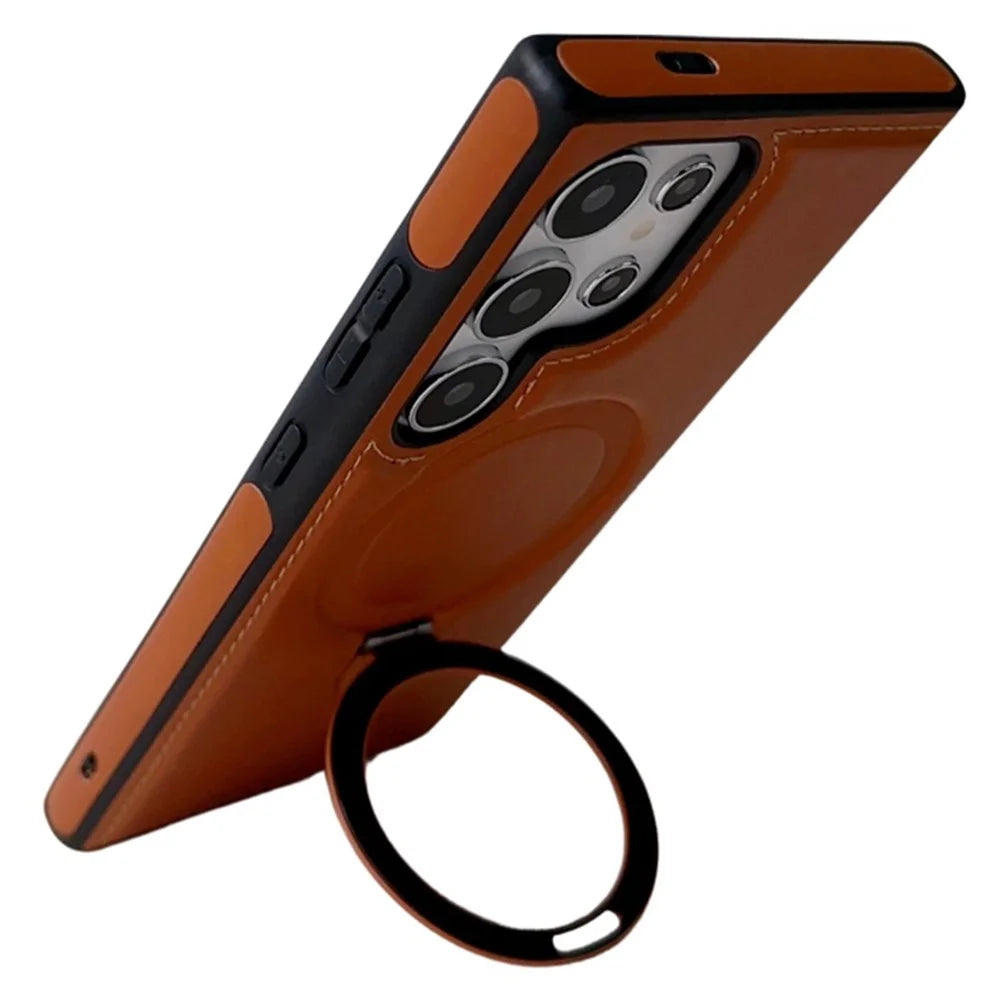 For Samsung Galaxy S25 Ultra Magnetic Case Kickstand TPU + PU Leather Anti Drop Phone Cover - Brown - 4