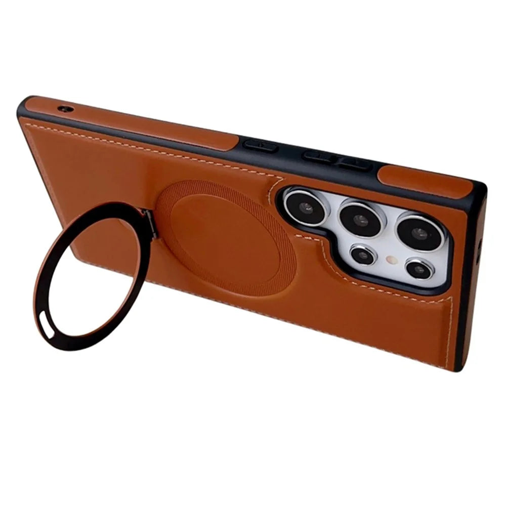 For Samsung Galaxy S25 Ultra Magnetic Case Kickstand TPU + PU Leather Anti Drop Phone Cover - Brown - 5