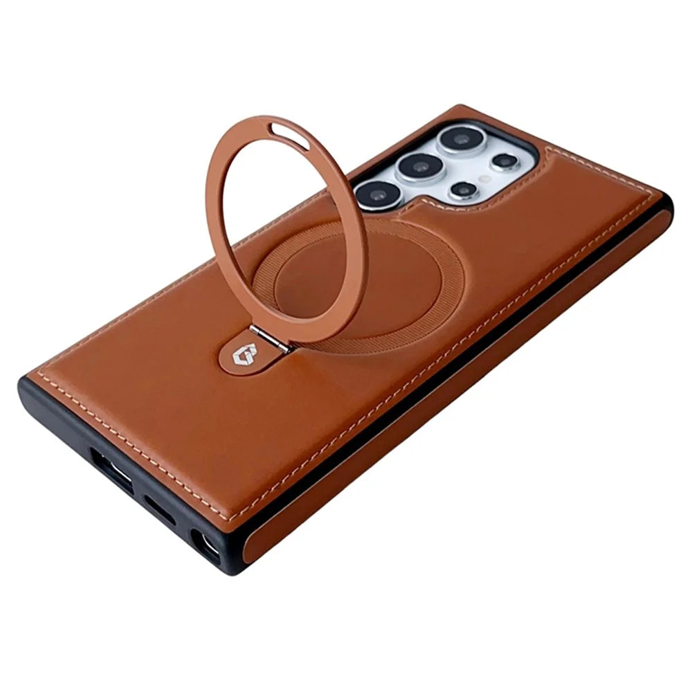 For Samsung Galaxy S25 Ultra Magnetic Case Kickstand TPU + PU Leather Anti Drop Phone Cover - Brown - 6