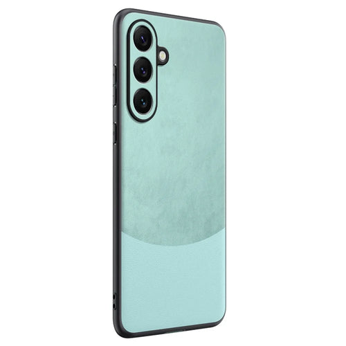 For Samsung Galaxy S25+ Case Splicing Color Nappa Texture PU Leather + TPU Phone Cover - Cyan - 1