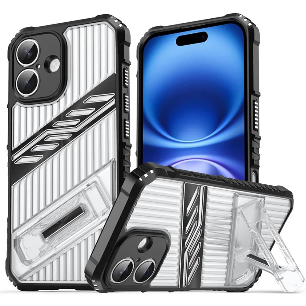 For iPhone 16 Plus Case Folding Kickstand PC + TPU Anti Drop Phone Cover - Transparent Black - 1