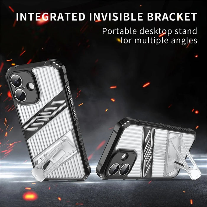 For iPhone 16 Case Folding Kickstand PC + TPU Anti Drop Phone Cover - Transparent Black - 2