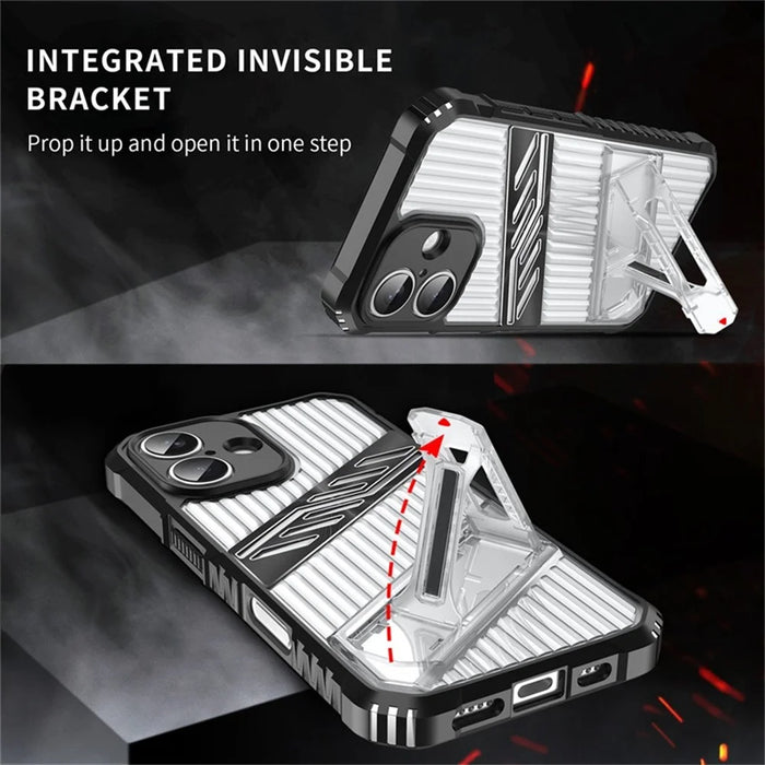 For iPhone 16 Case Folding Kickstand PC + TPU Anti Drop Phone Cover - Transparent Black - 3