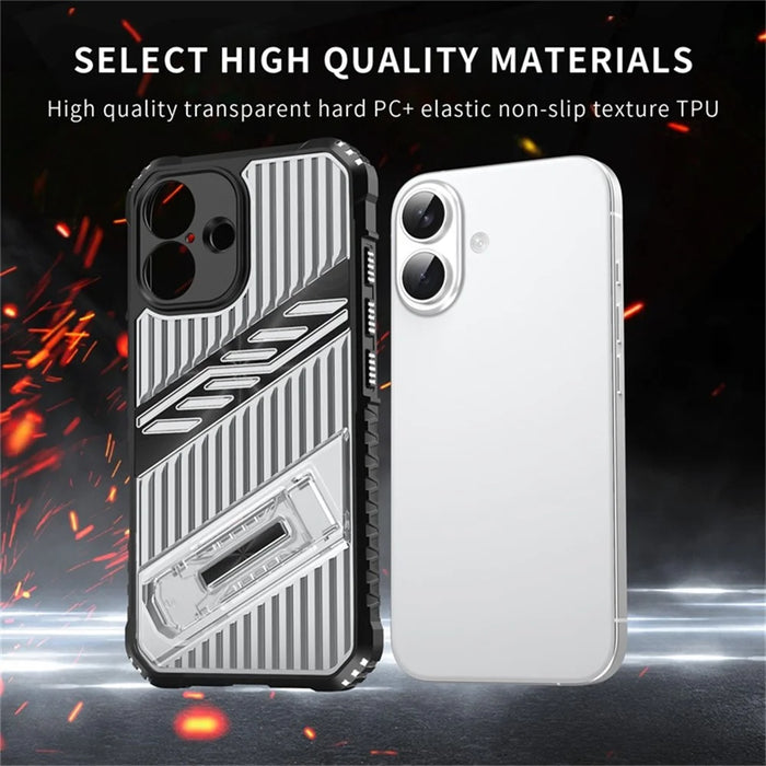 For iPhone 16 Case Folding Kickstand PC + TPU Anti Drop Phone Cover - Transparent Black - 4