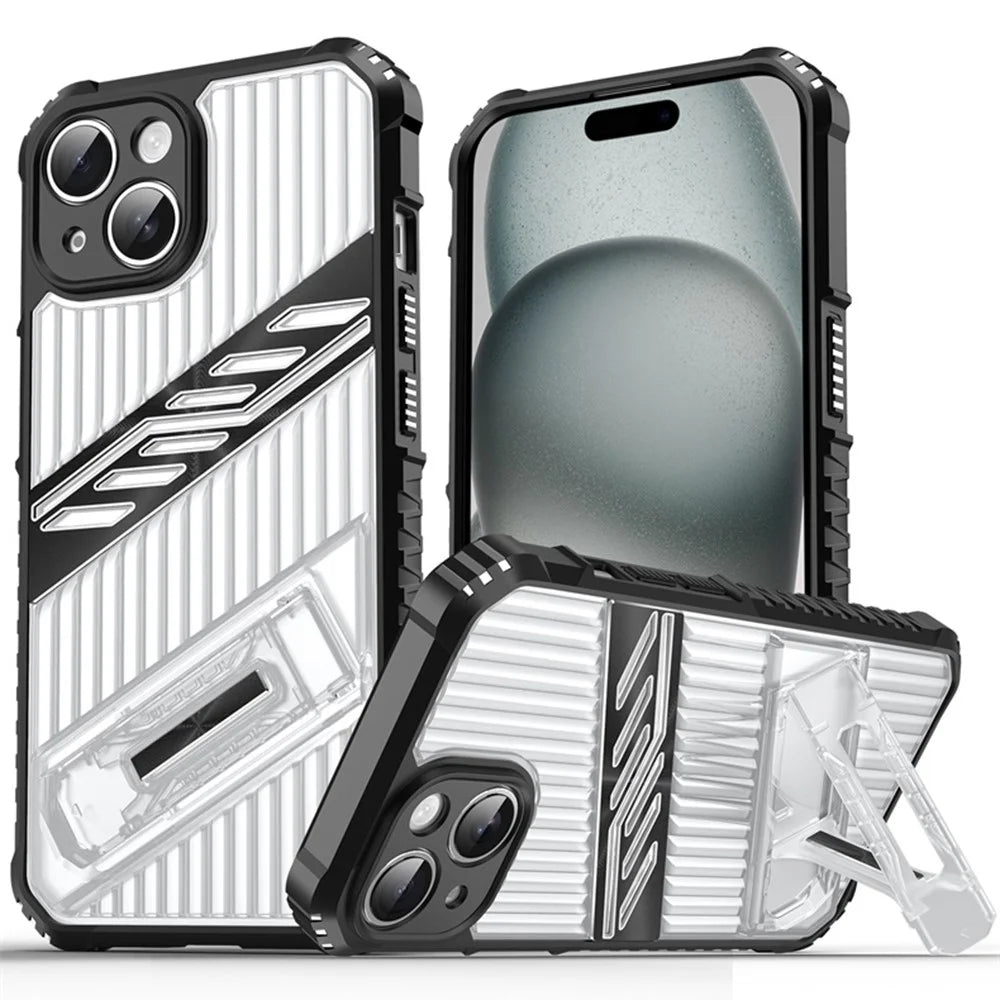 For iPhone 15 Case Folding Kickstand PC + TPU Anti Drop Phone Cover - Transparent Black - 1
