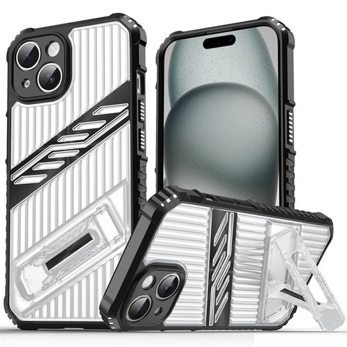 For iPhone 15 Case Folding Kickstand PC + TPU Anti Drop Phone Cover - Transparent Black - 1