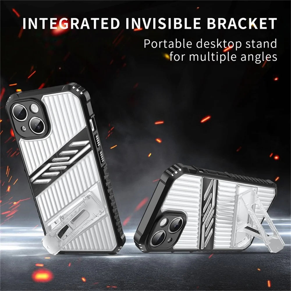 For iPhone 15 Case Folding Kickstand PC + TPU Anti Drop Phone Cover - Transparent Black - 2