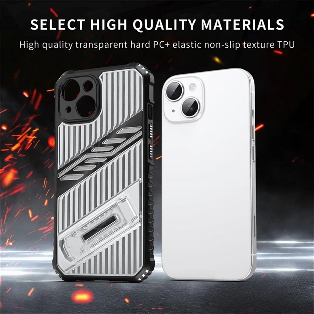 For iPhone 15 Case Folding Kickstand PC + TPU Anti Drop Phone Cover - Transparent Black - 6