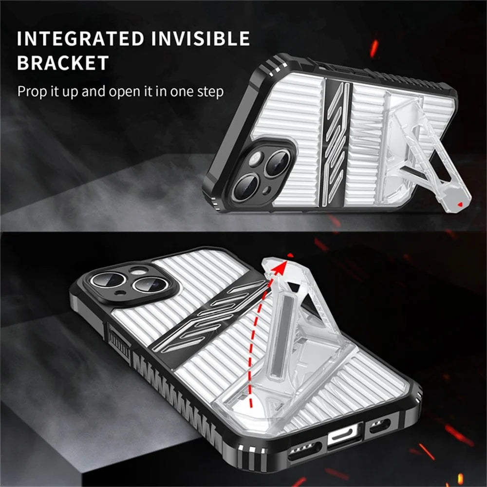 For iPhone 15 Case Folding Kickstand PC + TPU Anti Drop Phone Cover - Transparent Black - 7