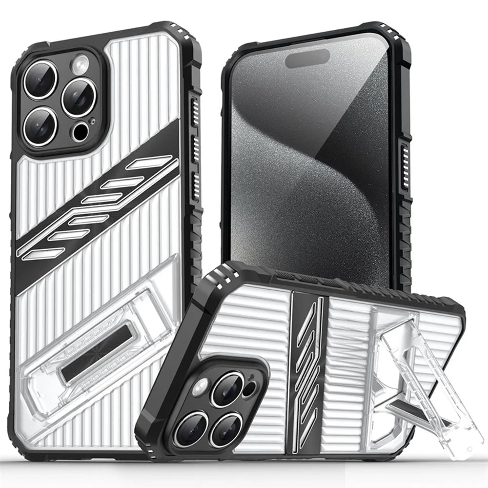 For iPhone 15 Pro Case Folding Kickstand PC + TPU Anti Drop Phone Cover - Transparent Black - 1
