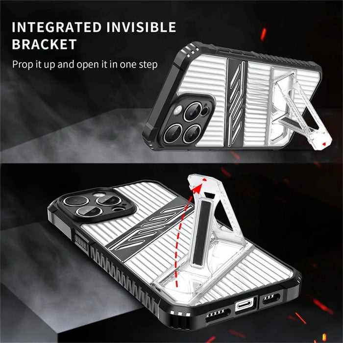 For iPhone 15 Pro Max Case Folding Kickstand PC + TPU Anti Drop Phone Cover - Transparent Black - 3