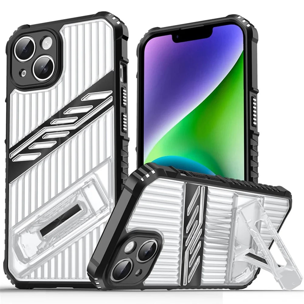 For iPhone 14 Case Folding Kickstand PC + TPU Anti Drop Phone Cover - Transparent Black - 1
