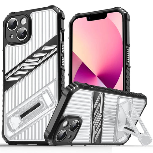 For iPhone 13 Case Folding Kickstand PC + TPU Anti Drop Phone Cover - Transparent Black - 1