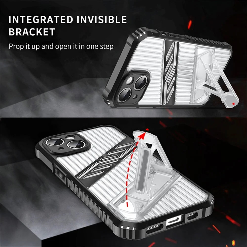 For iPhone 13 Case Folding Kickstand PC + TPU Anti Drop Phone Cover - Transparent Black - 3