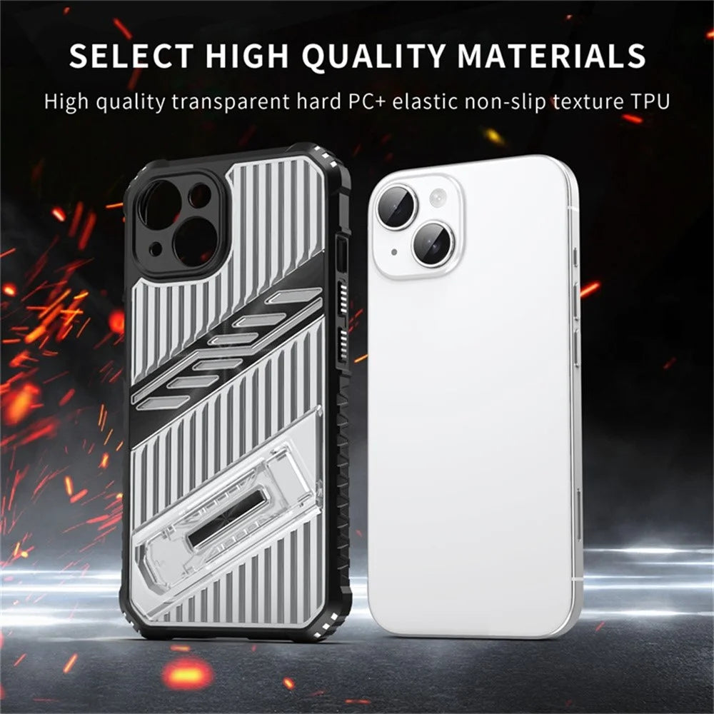 For iPhone 13 Case Folding Kickstand PC + TPU Anti Drop Phone Cover - Transparent Black - 4