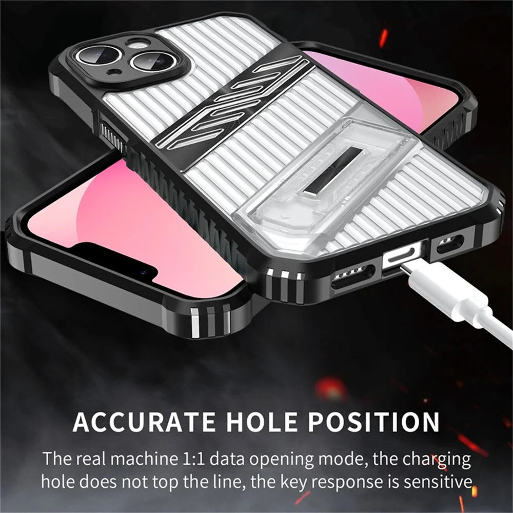 For iPhone 13 Case Folding Kickstand PC + TPU Anti Drop Phone Cover - Transparent Black - 6