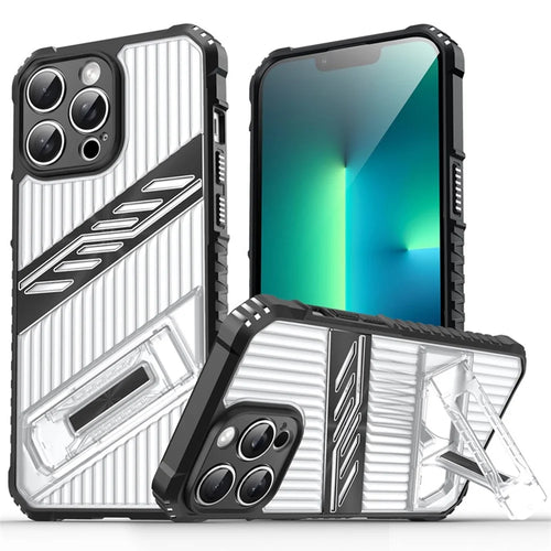 For iPhone 13 Pro Case Folding Kickstand PC + TPU Anti Drop Phone Cover - Transparent Black - 1