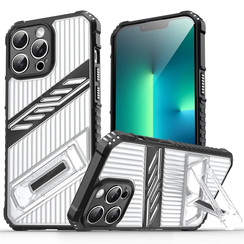 For iPhone 13 Pro Case Folding Kickstand PC + TPU Anti Drop Phone Cover - Transparent Black - 1