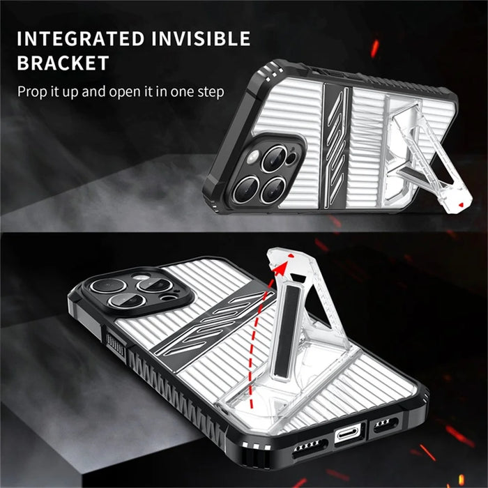 For iPhone 13 Pro Case Folding Kickstand PC + TPU Anti Drop Phone Cover - Transparent Black - 3