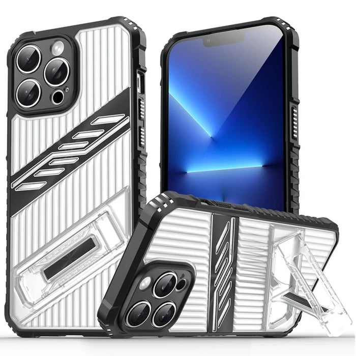 For iPhone 13 Pro Max Case Folding Kickstand PC + TPU Anti Drop Phone Cover - Transparent Black - 1