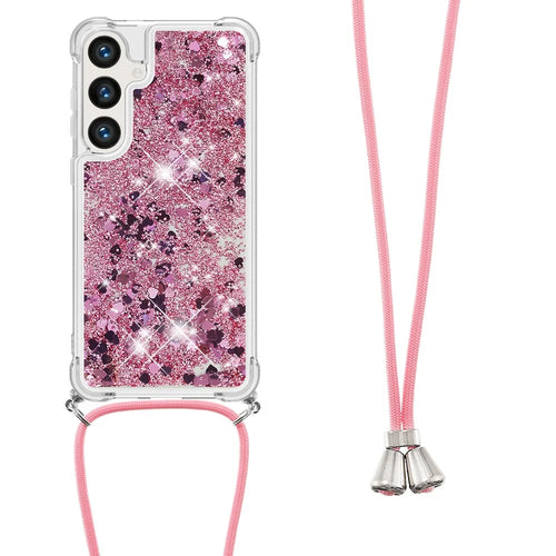 For Samsung Galaxy S24 / Galaxy S25 TPU Case Quicksand Design Phone Cover with Lanyard - Rose Gold / Hearts - 1