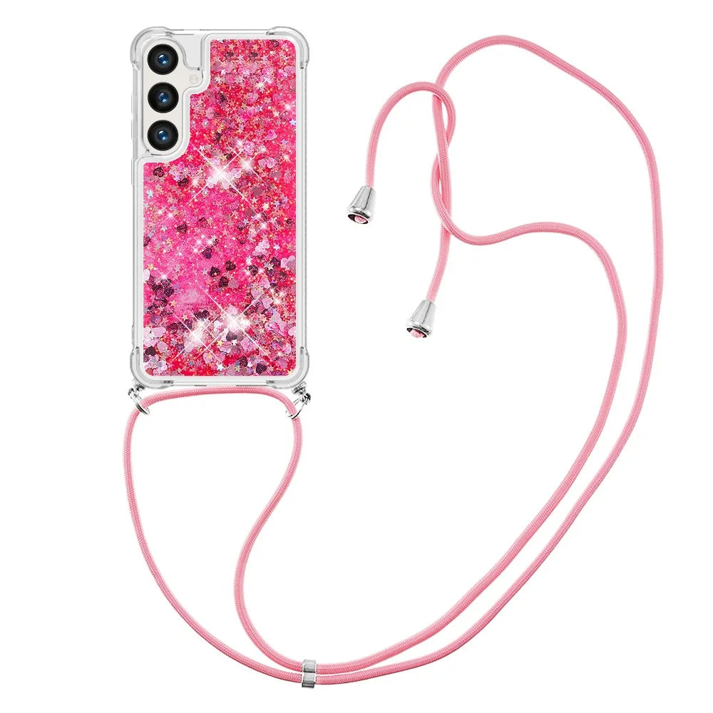 For Samsung Galaxy S24+ / Galaxy S25+ TPU Case Quicksand Design Phone Cover with Lanyard - Pink / Hearts - 2