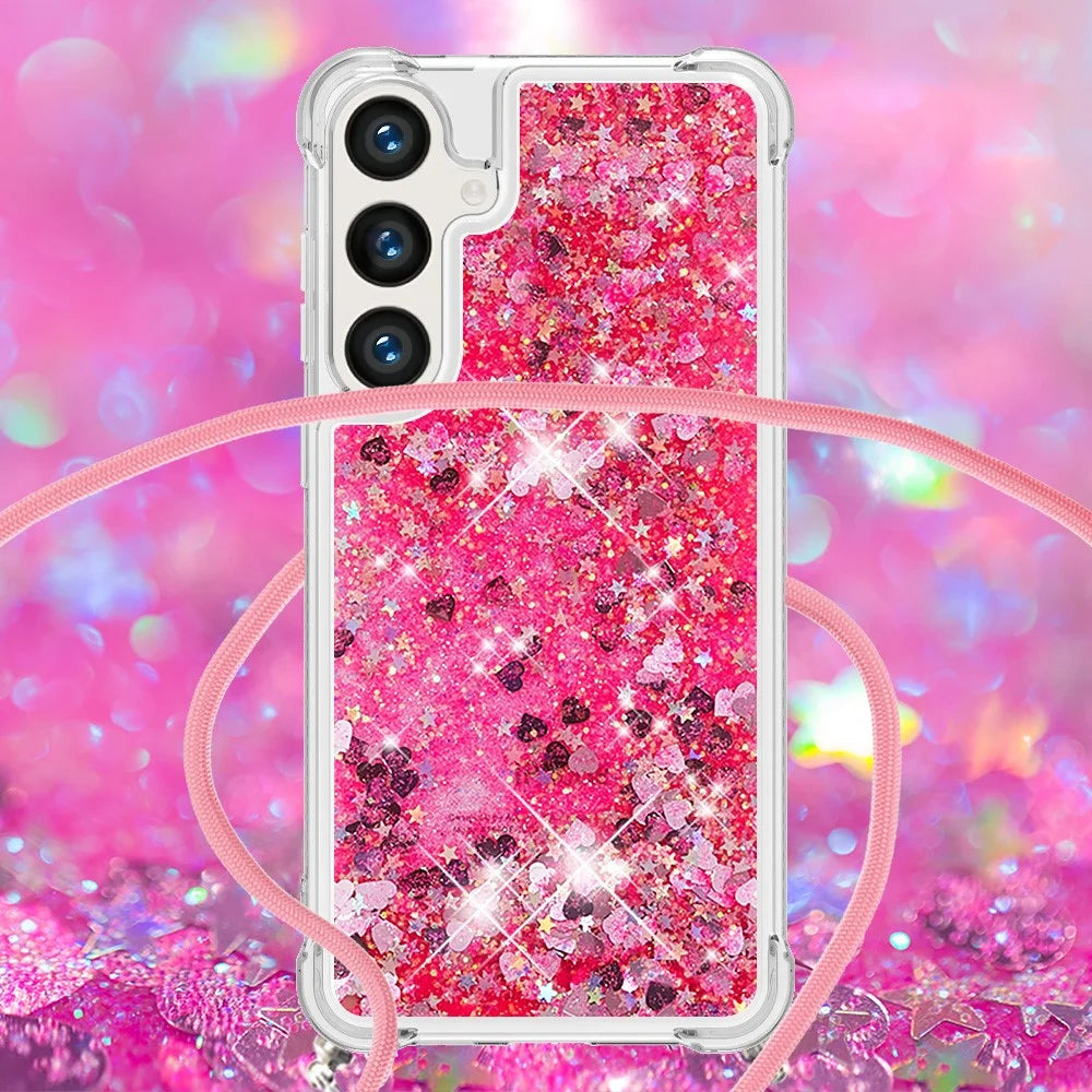 For Samsung Galaxy S24+ / Galaxy S25+ TPU Case Quicksand Design Phone Cover with Lanyard - Pink / Hearts - 3
