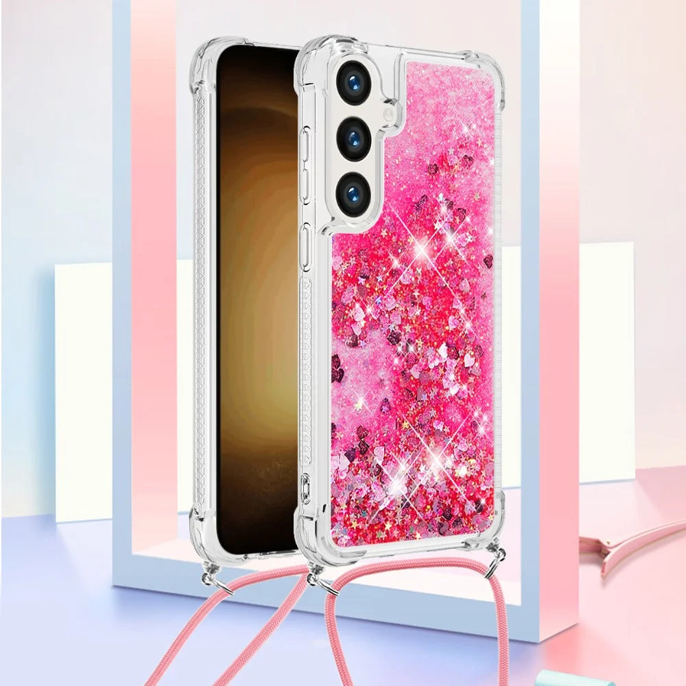 For Samsung Galaxy S24+ / Galaxy S25+ TPU Case Quicksand Design Phone Cover with Lanyard - Pink / Hearts - 7
