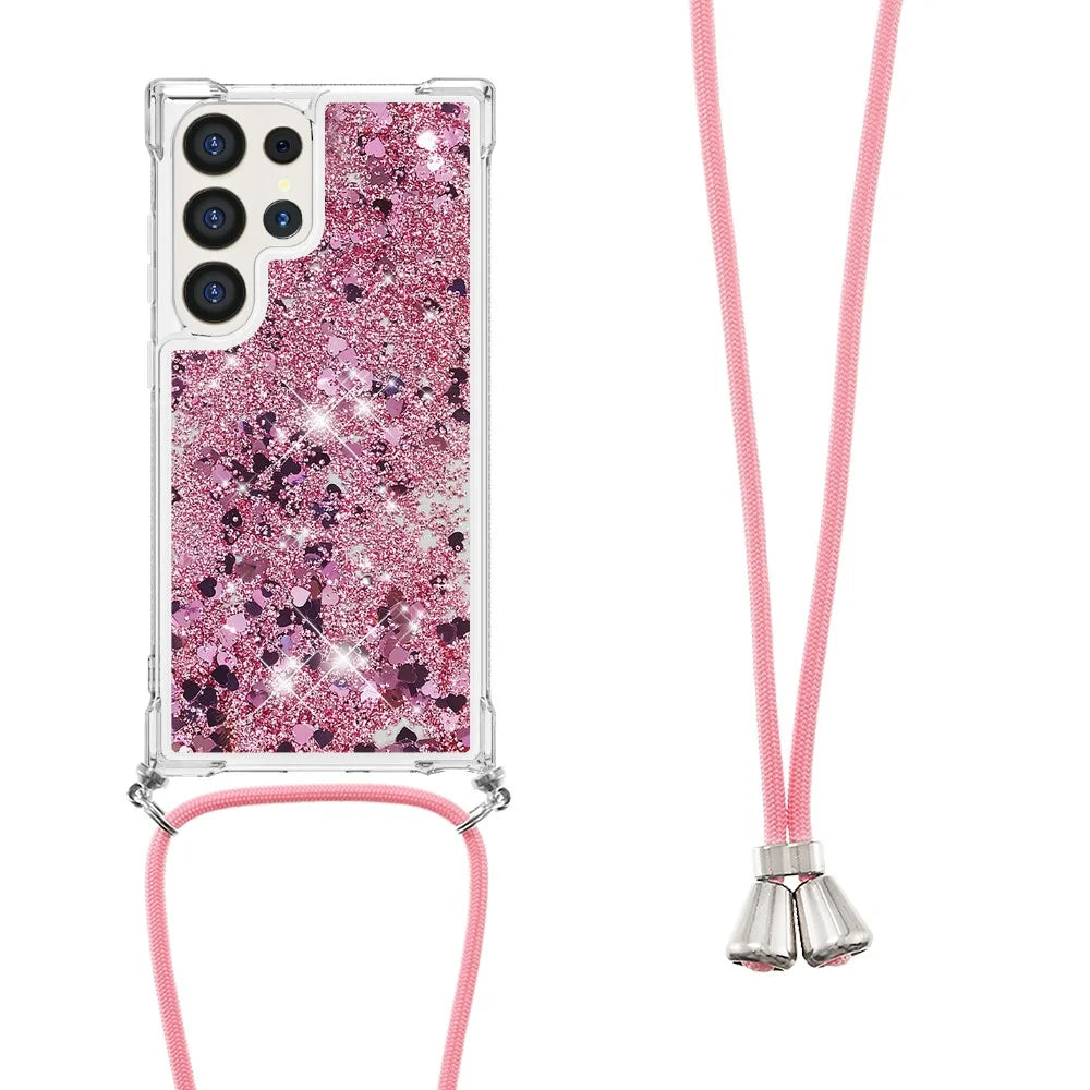 For Samsung Galaxy S25 Ultra TPU Case Quicksand Design Phone Cover with Lanyard - Rose Gold / Hearts - 1