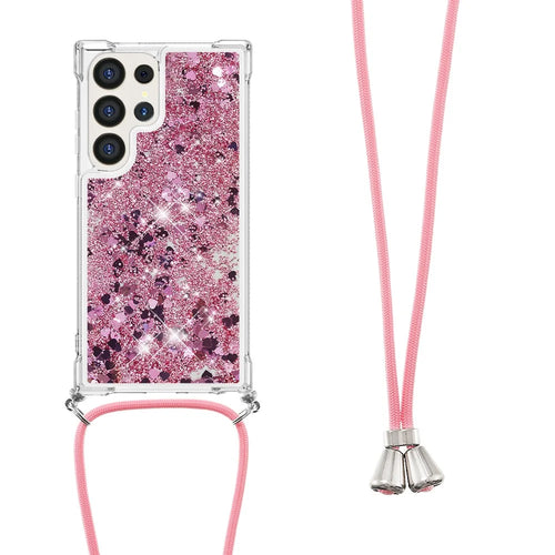 For Samsung Galaxy S25 Ultra TPU Case Quicksand Design Phone Cover with Lanyard - Rose Gold / Hearts - 1