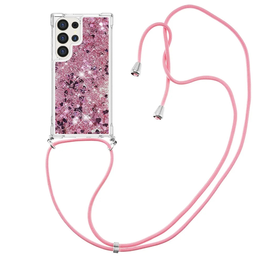 For Samsung Galaxy S25 Ultra TPU Case Quicksand Design Phone Cover with Lanyard - Rose Gold / Hearts - 2