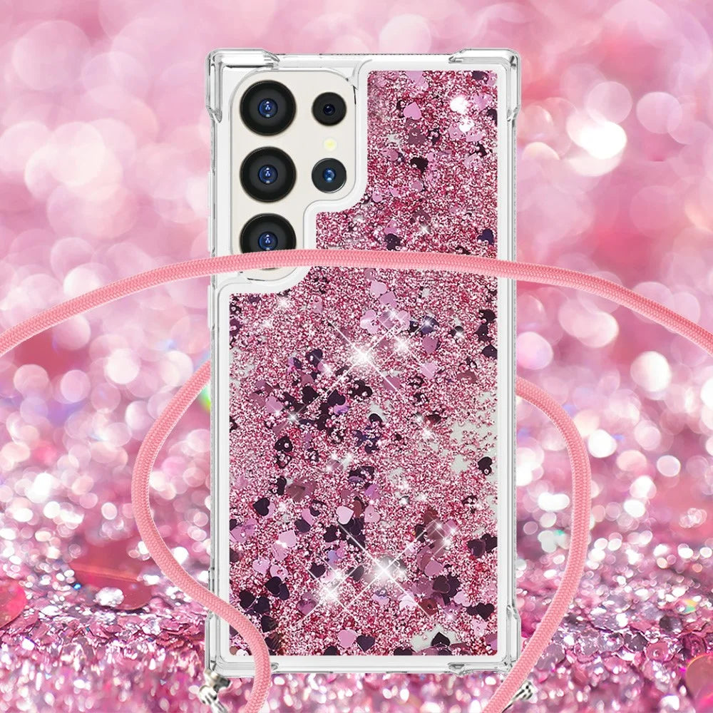 For Samsung Galaxy S25 Ultra TPU Case Quicksand Design Phone Cover with Lanyard - Rose Gold / Hearts - 3