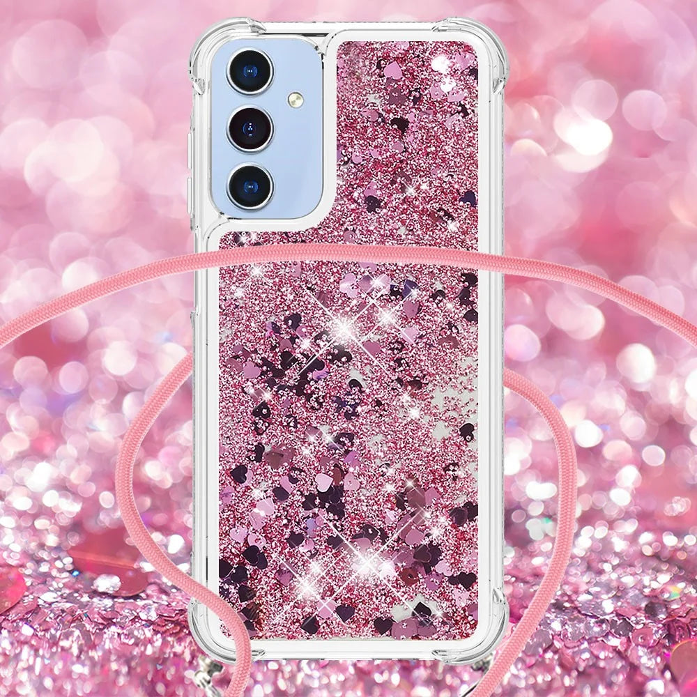 For Samsung Galaxy A26 5G TPU Case Quicksand Design Phone Cover with Lanyard - Rose Gold / Hearts - 3