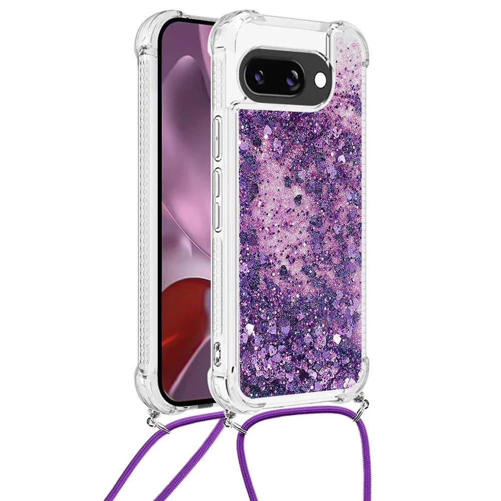 For Google Pixel 9a TPU Case Quicksand Design Phone Cover with Lanyard - Dark Purple / Hearts - 1