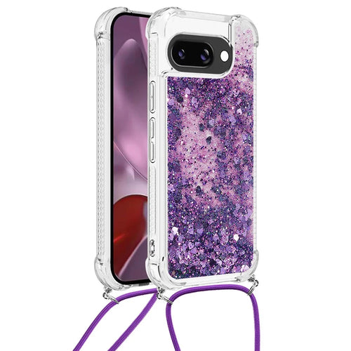 For Google Pixel 9a TPU Case Quicksand Design Phone Cover with Lanyard - Dark Purple / Hearts - 1