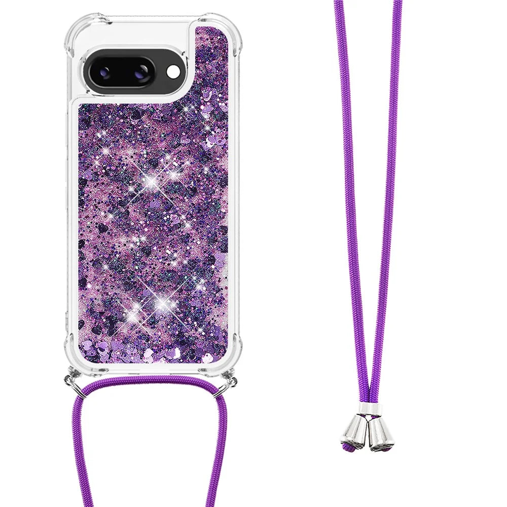For Google Pixel 9a TPU Case Quicksand Design Phone Cover with Lanyard - Dark Purple / Hearts - 2