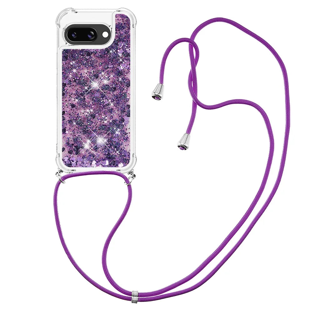 For Google Pixel 9a TPU Case Quicksand Design Phone Cover with Lanyard - Dark Purple / Hearts - 3