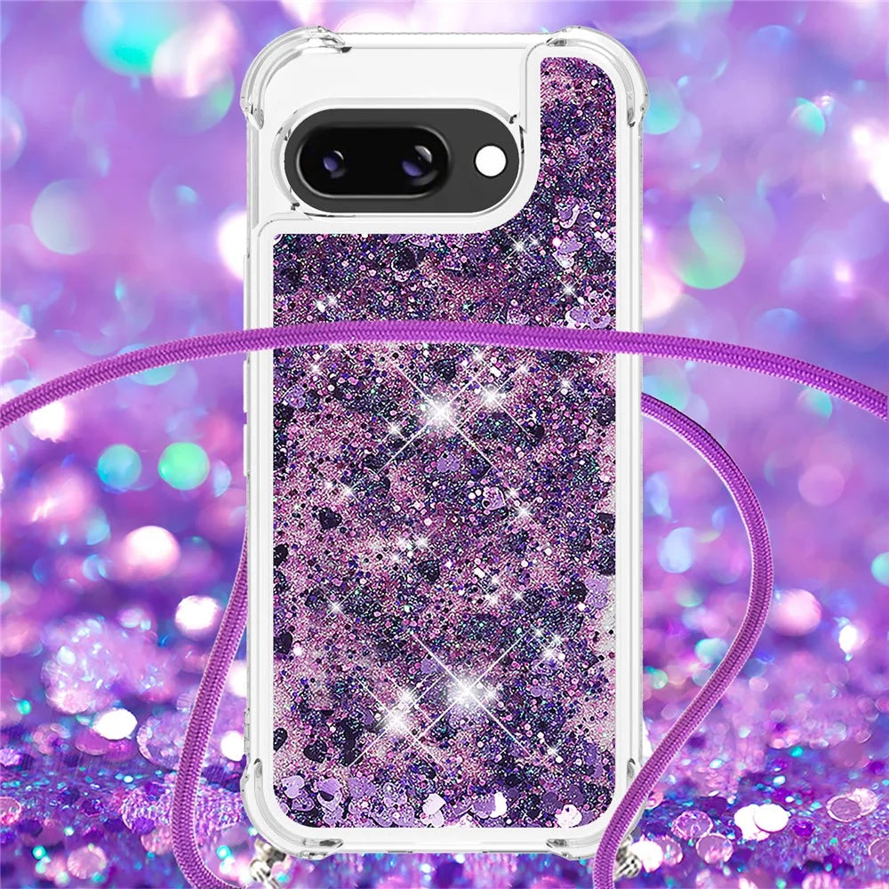 For Google Pixel 9a TPU Case Quicksand Design Phone Cover with Lanyard - Dark Purple / Hearts - 4