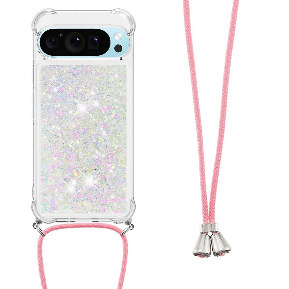 For Google Pixel 9 TPU Case Quicksand Design Phone Cover with Lanyard - Laser / Hearts - 1