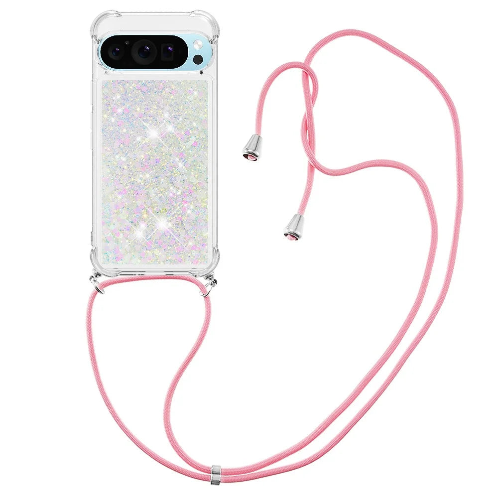 For Google Pixel 9 TPU Case Quicksand Design Phone Cover with Lanyard - Laser / Hearts - 2