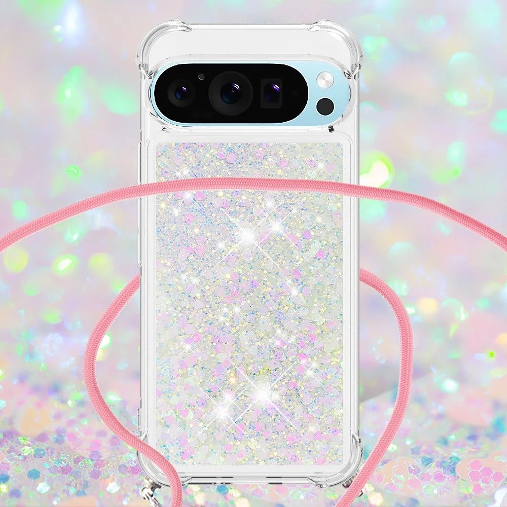 For Google Pixel 9 TPU Case Quicksand Design Phone Cover with Lanyard - Laser / Hearts - 3