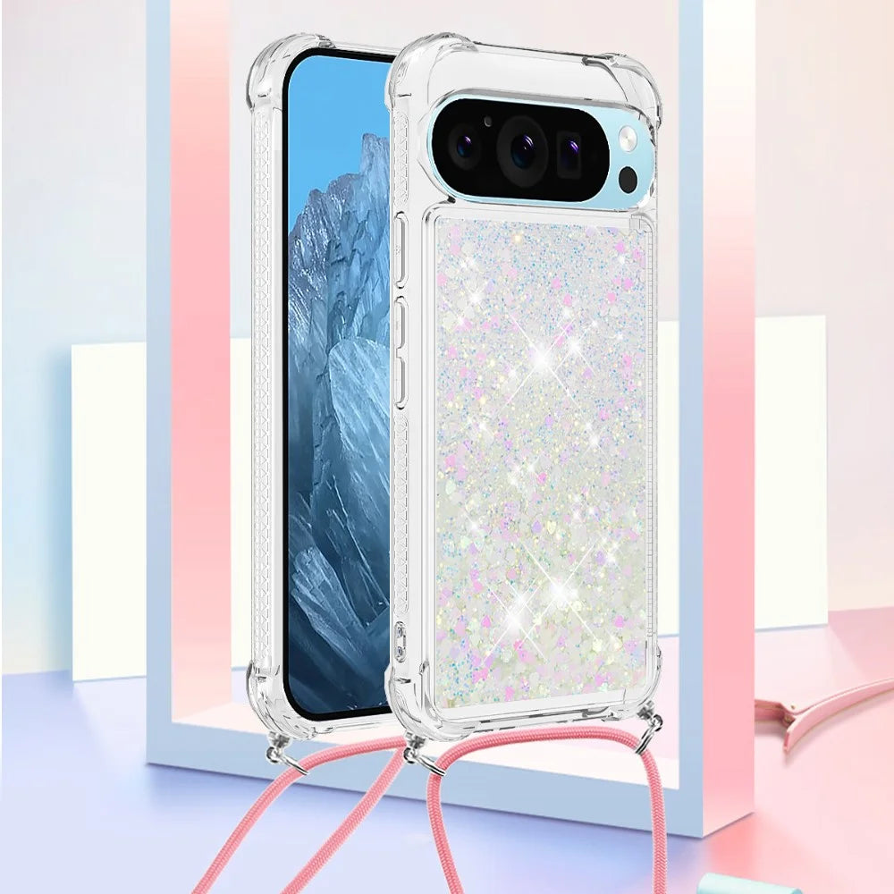 For Google Pixel 9 TPU Case Quicksand Design Phone Cover with Lanyard - Laser / Hearts - 6