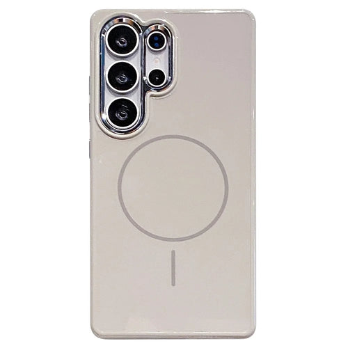 For Samsung Galaxy S25 Ultra Magnetic Case TPU + PC Scratch Resistant Phone Back Cover with Metal Accents - Beige - 1