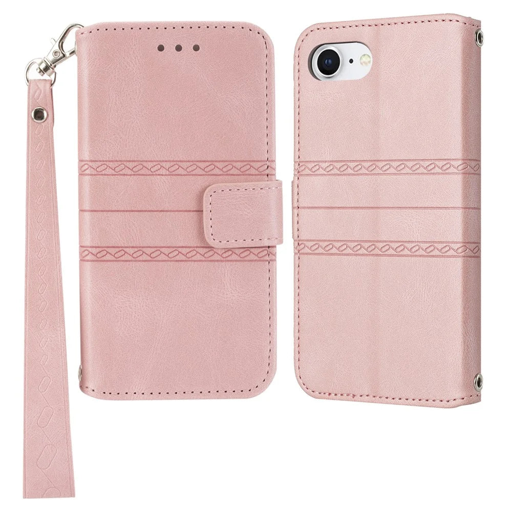 For iPhone 17e / 16e Case Wallet Skin-Touch Leather Imprinted Phone Cover - Pink - 1