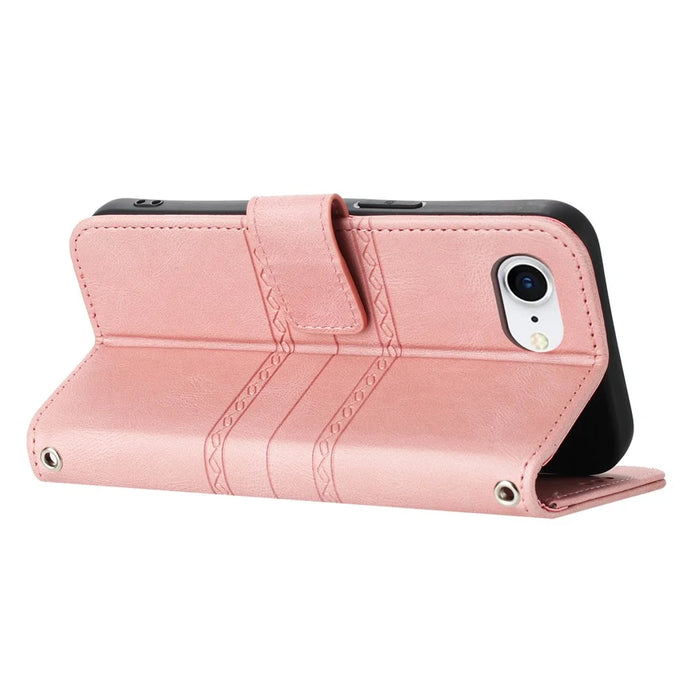 For iPhone 17e / 16e Case Wallet Skin-Touch Leather Imprinted Phone Cover - Pink - 3