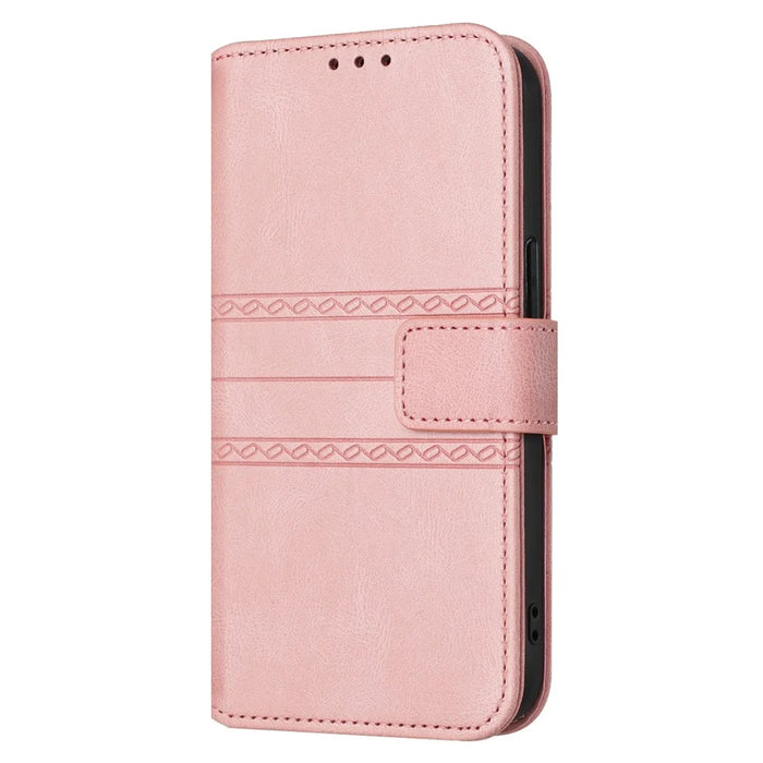 For iPhone 17e / 16e Case Wallet Skin-Touch Leather Imprinted Phone Cover - Pink - 7