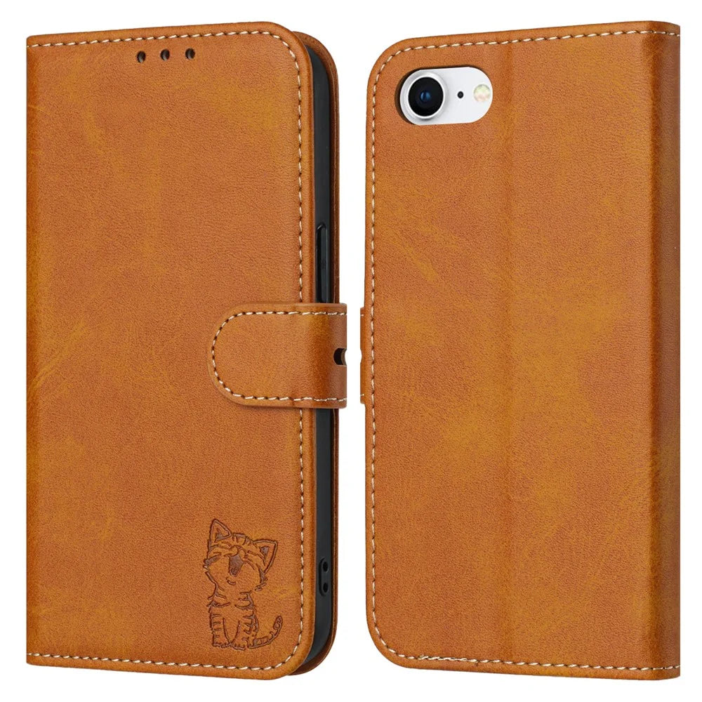 For iPhone 17e / 16e Case Happy Cat Pattern Imprinted Leather Wallet Phone Cover - Yellow - 1